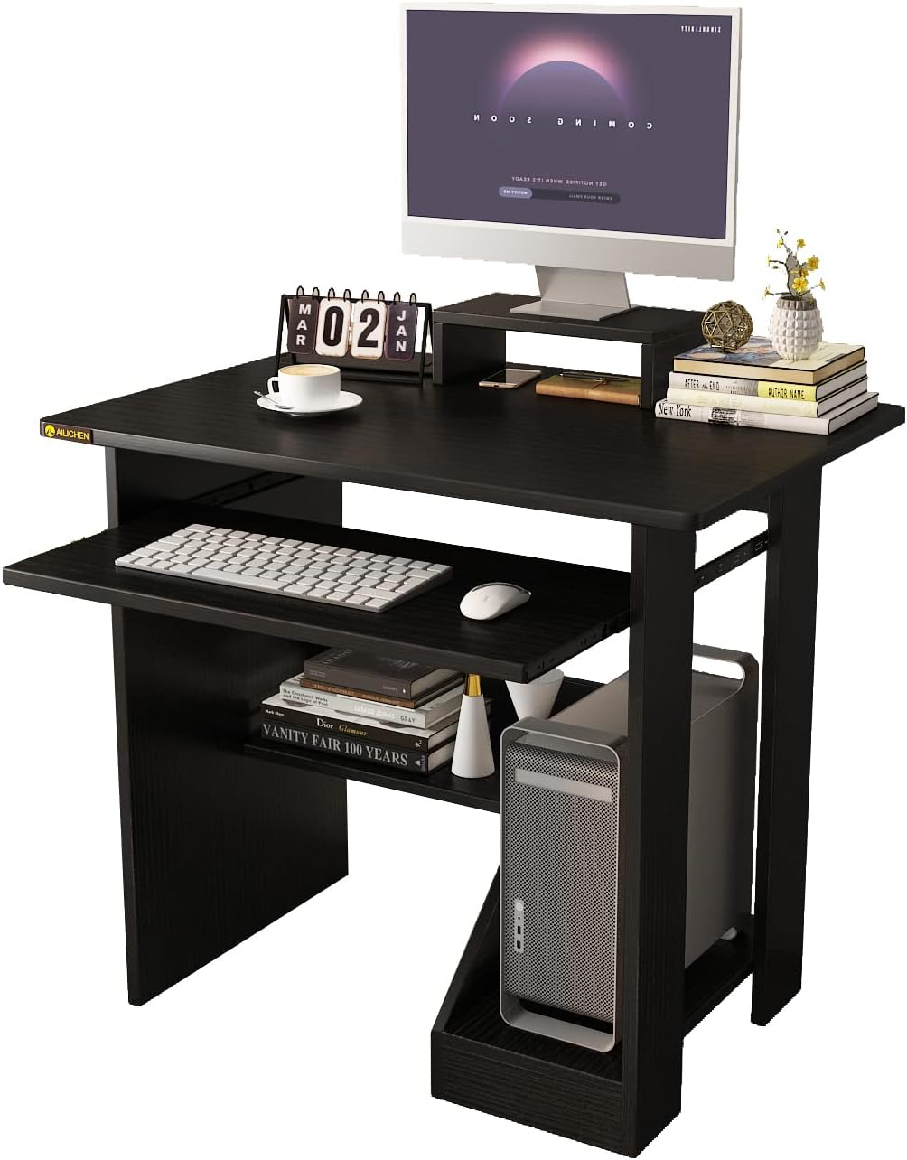 230816044022071_1 ALISENED Home Office Computer Desk with Monitor Stand Keyboard Tray, 29.5 Inch Study Writing Desk Small PC Laptop Table with Storage Shelves, Modern Workstation for Small Spaces Save Space - Image 1